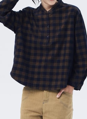 斯琴2023秋专柜正品纯棉格纹立领半开襟套头落肩衬衫 BCQS002109