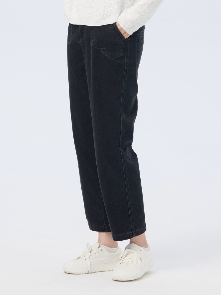 斯琴2023秋专柜正品女黑色棉质植绒直筒牛仔裤长裤ckq231802