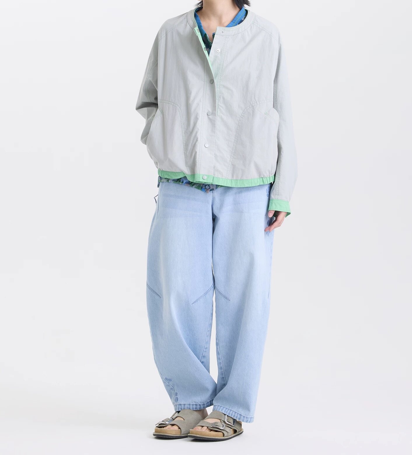 斯琴2026春专柜正品浅绿纯棉圆领宽松外套拼色百搭女BFCS037127