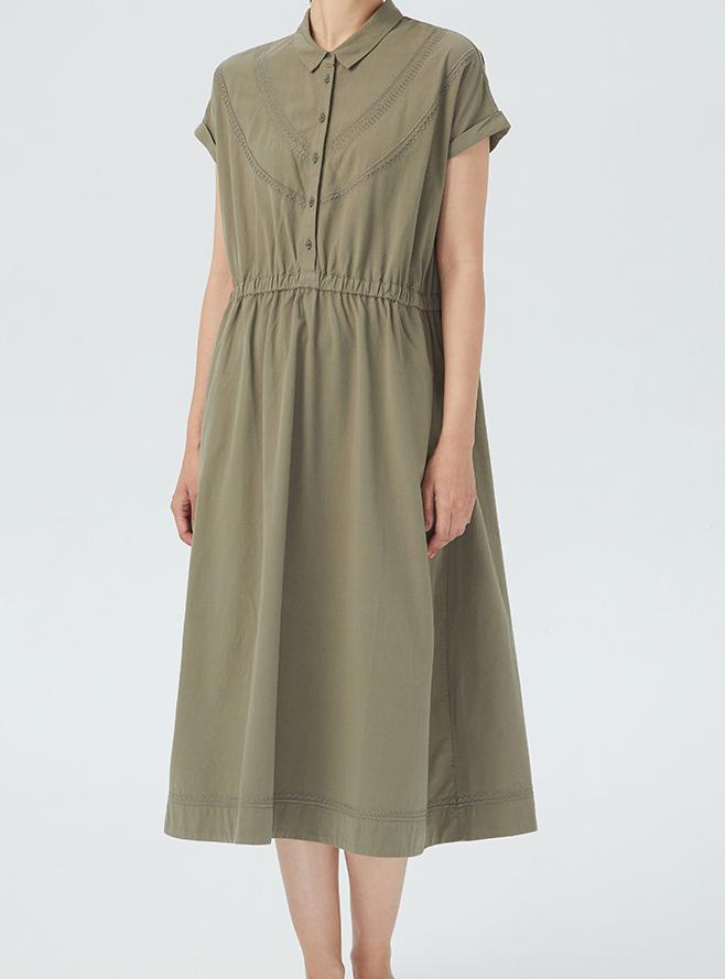 斯琴2022夏季新咖绿刺绣翻领套头短袖松紧腰连衣裙BBXQ01613 1380