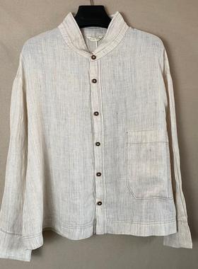 斯琴2022春新品亚麻米白色翻领单排扣休闲长衬衫 BBCS02434 1080