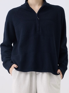 斯琴2025秋专柜正品深兰纯棉提花针织衫半开襟毛衫宽松BEQB00328