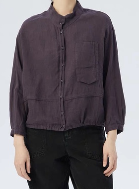 斯琴2023专柜正品女亚麻紫色立领单排扣落肩宽松衬衫 BCCS01307