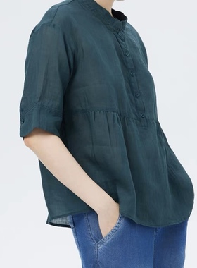斯琴2023夏专柜正品女苎麻绿色立领套头落肩五分袖衬衫 BCXS02004