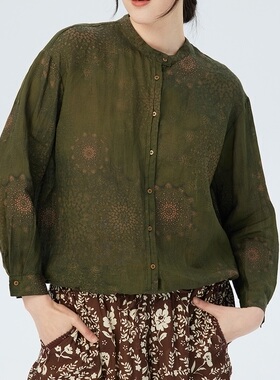 斯琴2023春季新品苎麻绿色印花立领落肩单排扣衬衫BCCS03404 988
