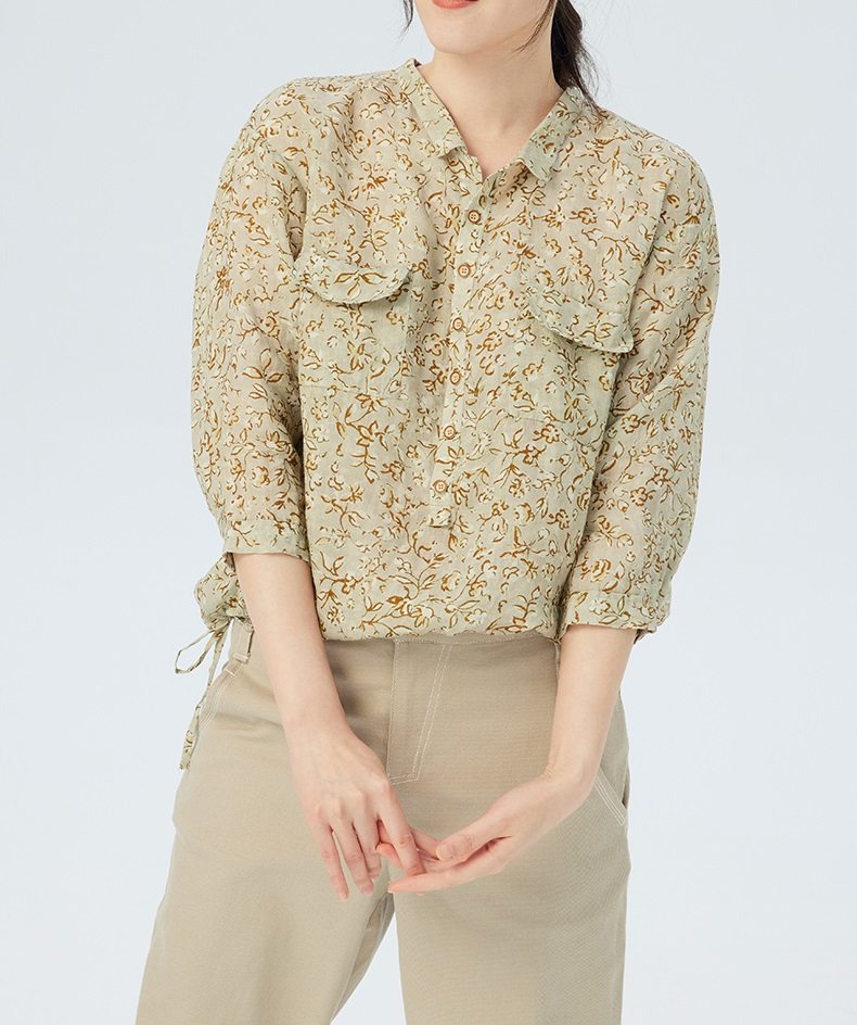 斯琴2023春季新品苎麻印花翻领单排扣宽松落肩衬衫BCCS028150 988