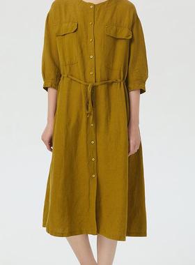 斯琴2022春季新品芥黄色亚麻混纺圆领单排扣连衣裙BBCQ00598 14