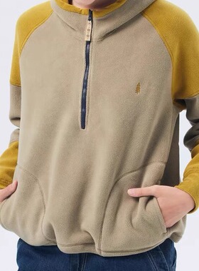 斯琴2023秋季新品女黄绿摇粒绒拼接半开襟套头连帽卫衣 BCQS03299