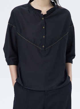 斯琴2023夏专柜正品女丝棉混纺黑色套头刺绣七分袖衬衫 BCXS03502