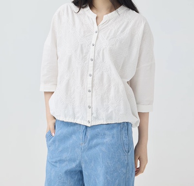 斯琴2026春专柜正品白色纯棉刺绣宽松衬衫七分衬衣上衣BFCS04801