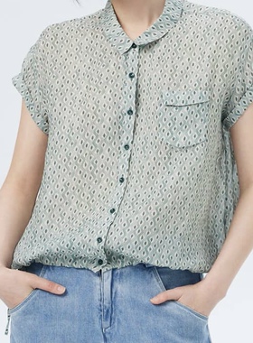 斯琴2023夏专柜正品女苎麻印花落肩单排扣短袖休闲衬衫BCXS015150