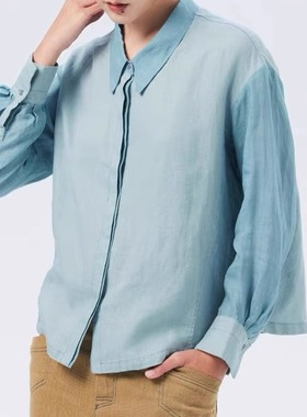 斯琴2023秋专柜正品女兰拼色翻领暗门襟单排扣长袖衬衫BCQS01805