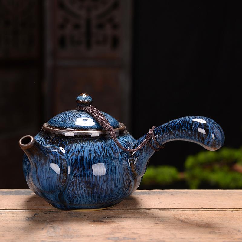 厂家直销纯手工大号窑变钧瓷侧把茶壶茶具套装复古陶瓷天目釉建盏