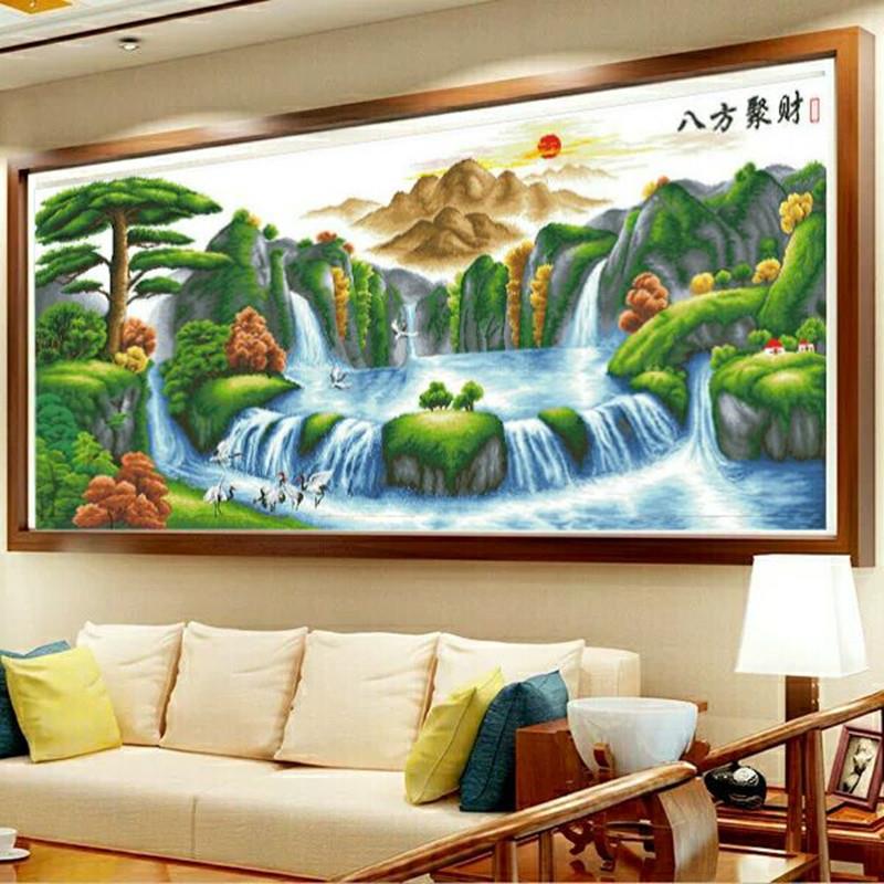 八方聚财钻石画满钻客厅新款贴钻十字绣迎客松5D砖石秀山水图