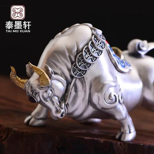镀银招财牛复古摆件牛气冲天手把件扭转乾坤开业创意