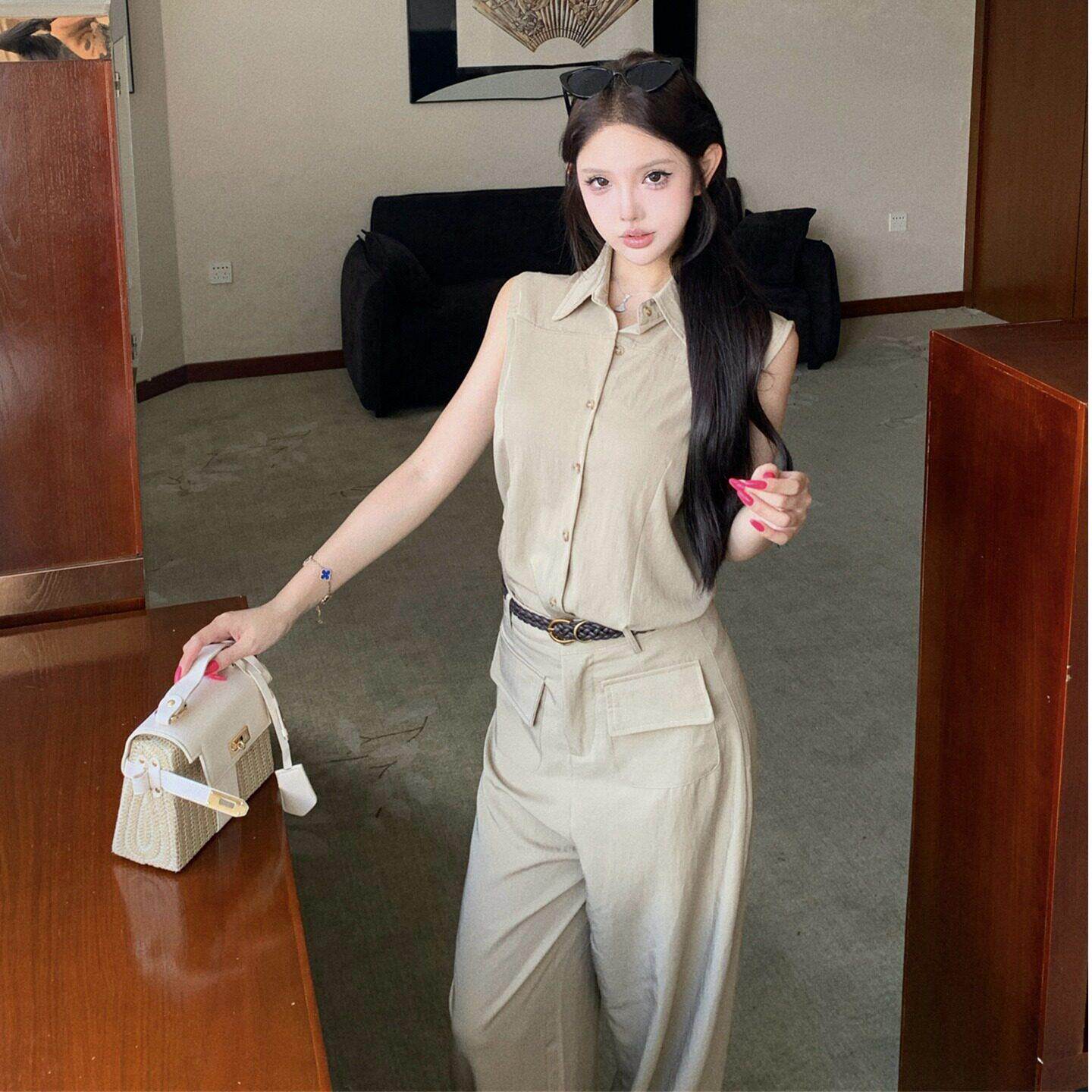 老钱风气质无袖衬衫上衣夏韩版新款气质松弛感阔腿裤两件套套装女