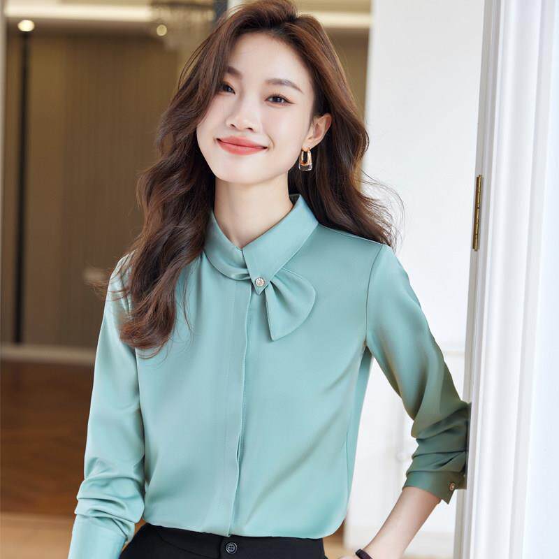绿色立领衬衫女春秋款设计感小众工作服长袖气质时尚洋气职业衬衣