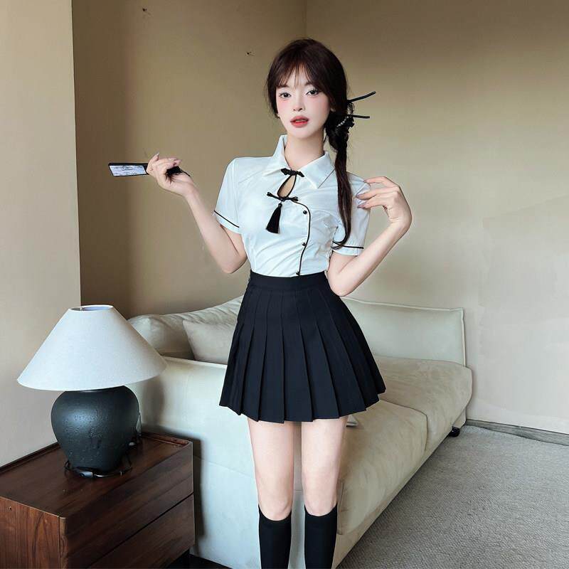 新中式国风气质修身短袖衬衫上衣百褶裙套装美容院工作服女
