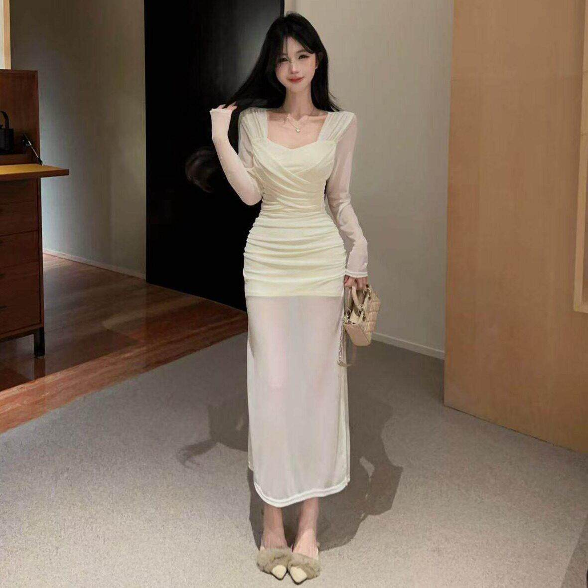 养生馆足疗店工作服足浴技师服性感柔式夜店长裙秋长袖连衣裙