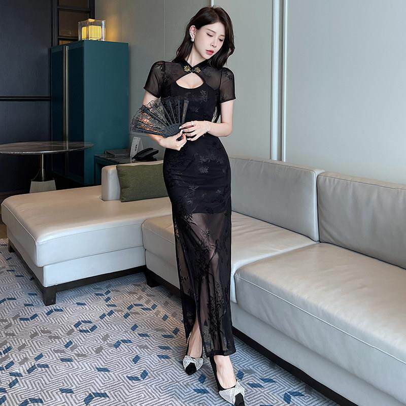 夜场工作服性感纱网旗袍连衣裙长款歌沐足柔式足疗足浴技师服夏
