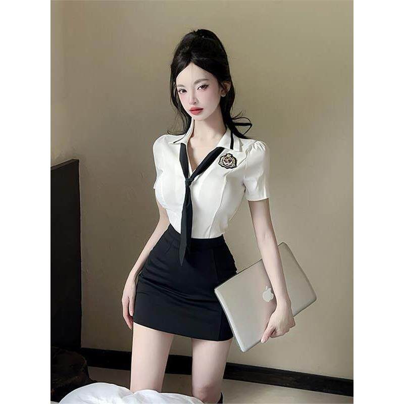 性感洗浴按摩技师工作服领带领衬衫紧身包臀裙风空姐制服套装