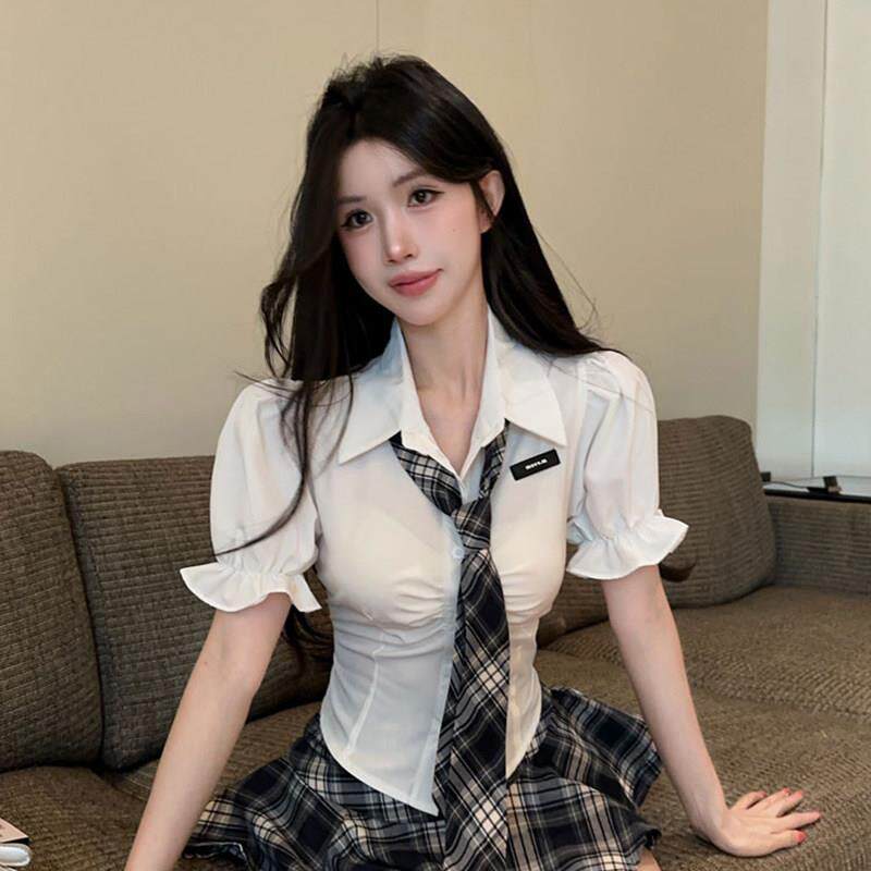 夏季设计感泡泡袖短款白色衬衫女修身韩版收腰绑带制服跳舞上衣