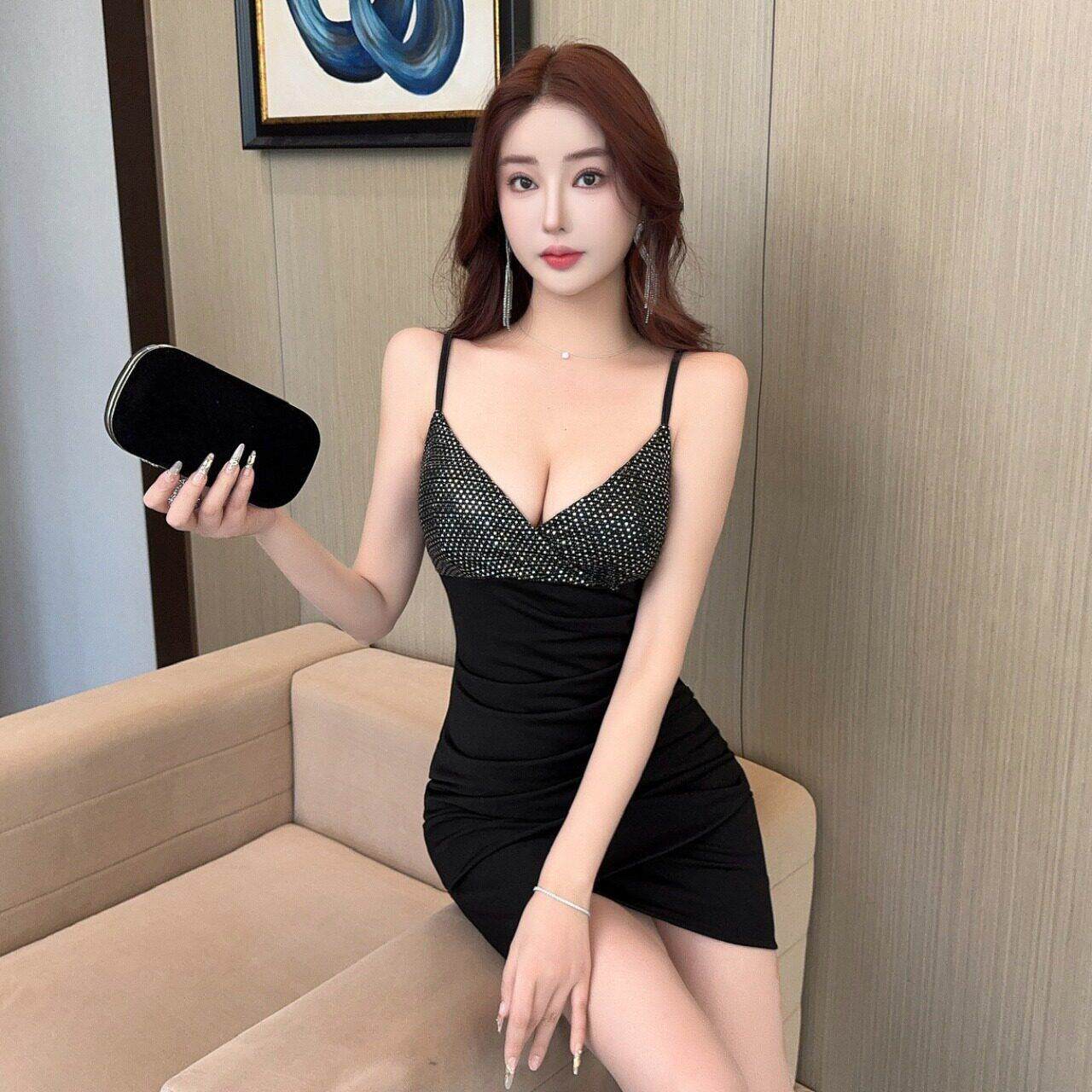 夜场女装工作服店低胸深领拼色亮片包臀吊带裙夜总会性感洋装