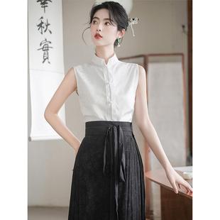 式 新中女装 马面裙上衣搭配夏季 短袖 衬衣日常通勤 汉服立领衬衫 无袖