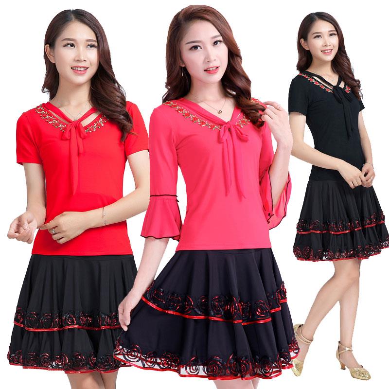 新款广场舞服春装莫代尔上衣女夏季舞蹈服练功服绣花演出服跳舞衣