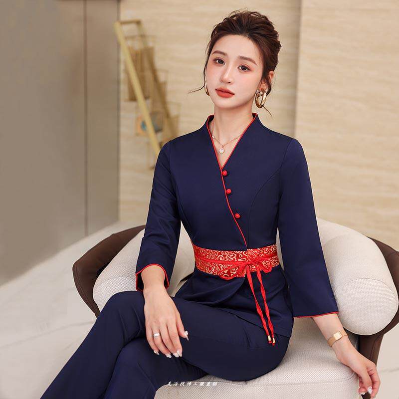 足疗技师工作服女月子中心艾灸养生推拿酒店养生会所中式工装中袖