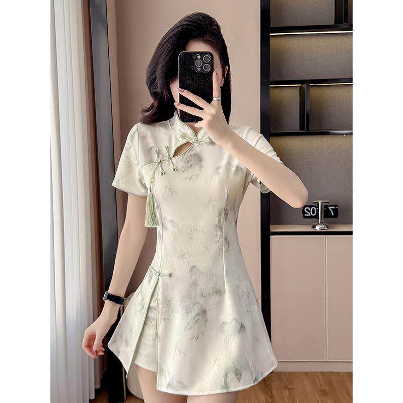 中式旗袍技师工作服保健中心足部按摩店按摩工作服修身短裤分身套