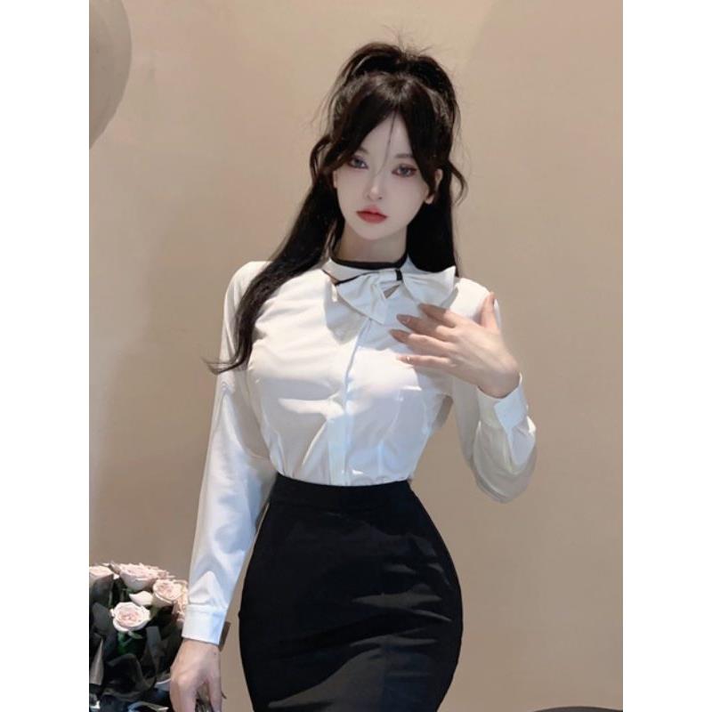秋季长袖衬衫女空姐服制服酒店前台工作服职业气质蝴蝶结白色衬衣
