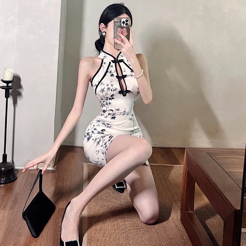 小个子短款性感旗袍2023新款夏季少女年轻款纯欲复古风无袖连衣裙