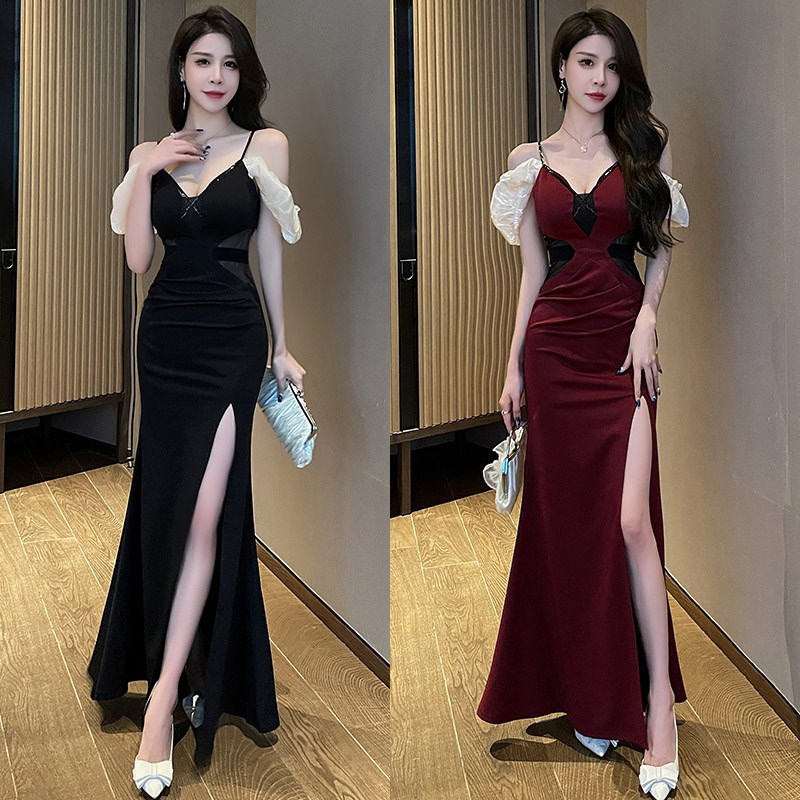 宴会性感吊带晚礼服桑拿足浴K歌技师工作服气质显瘦开叉连衣裙