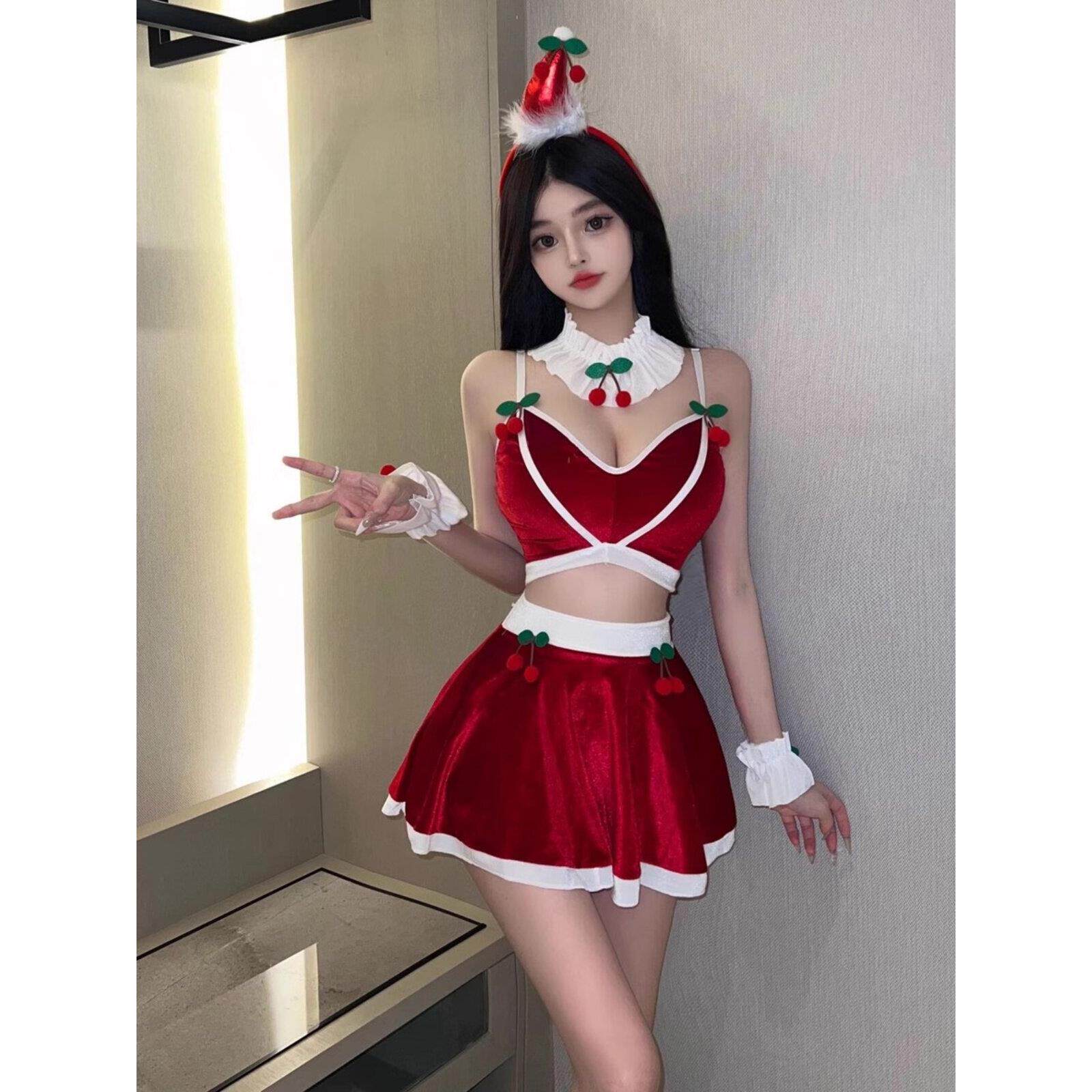 性感辣妹少女领樱桃吊带上衣圣诞节制服高腰显瘦拼色半身裙套装