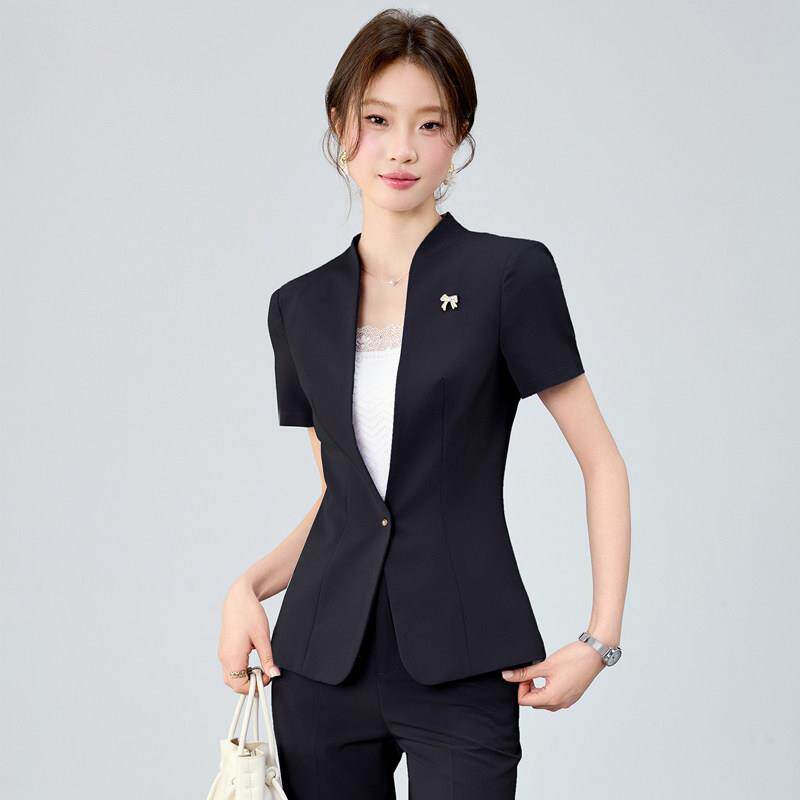 黑色西装外套女职业装夏季短袖薄款美容院工作服酒店前台正装套装