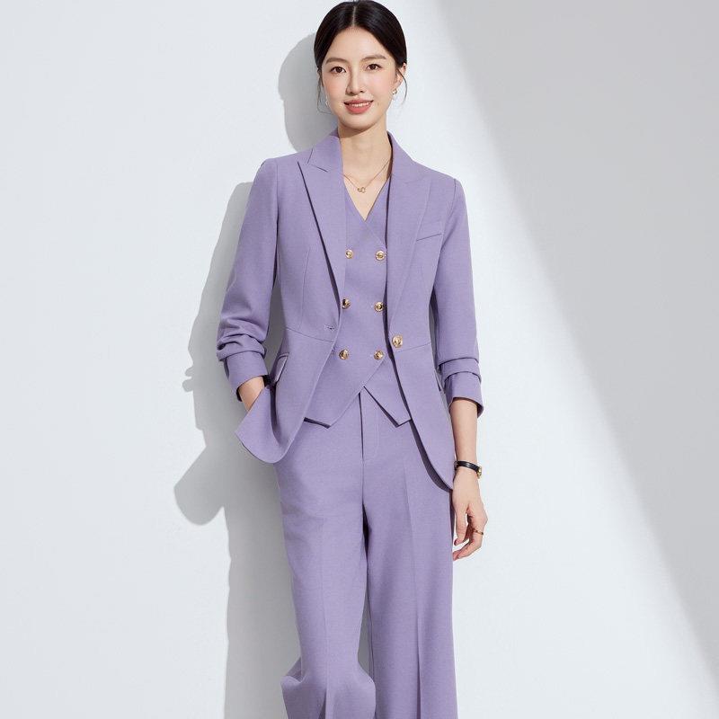 紫色西装套装女春秋职业装时尚气质高端正装西服马甲三件套工作服