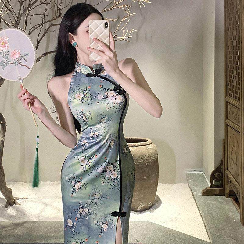直播衣服女主播上镜高级感晚礼服性感无袖中长款改良旗袍连衣裙