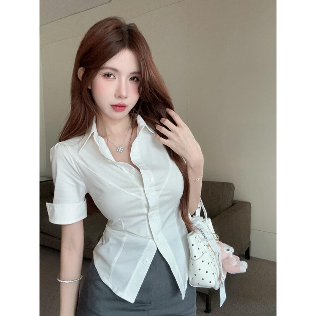 韩版领收腰紧身白色短袖衬衫女夏季纯欲制服气质工作服衬衣上衣