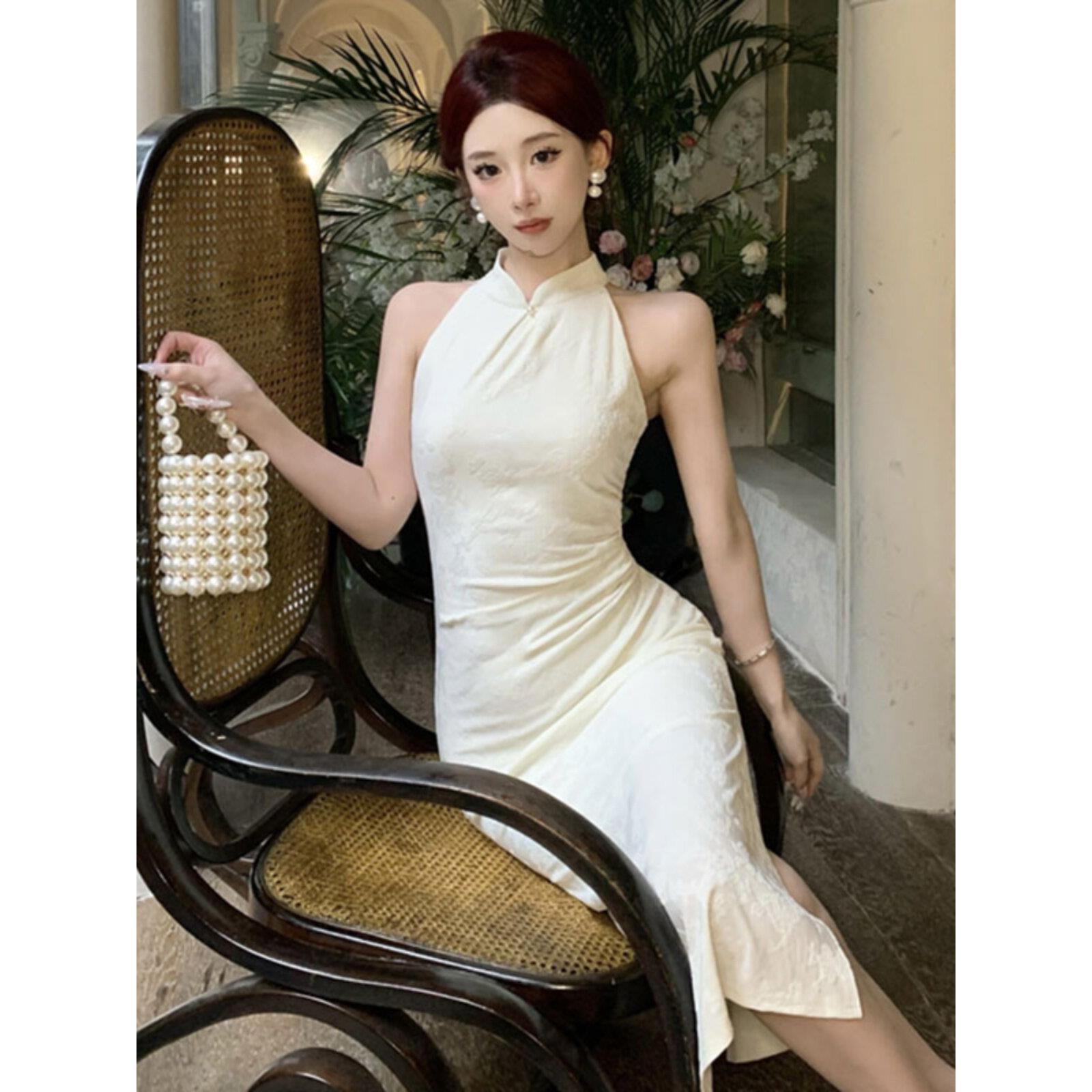 新中式国风绝美改良旗袍白色挂脖连衣裙女春夏气质性感包臀长裙子