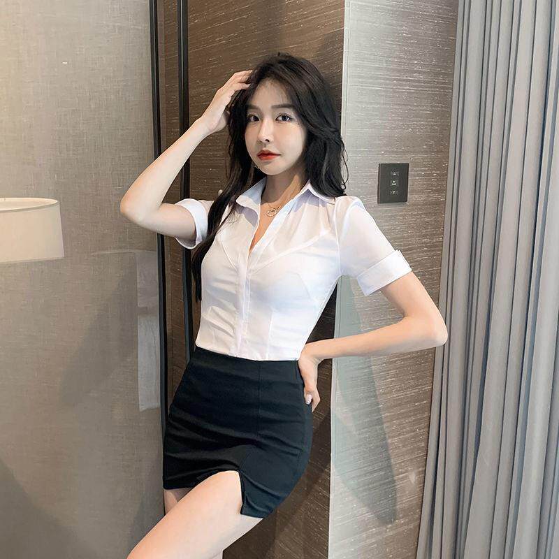 领性感修身收腰白色衬衫女职业白衬衫黑裙子套装气质制服工作服