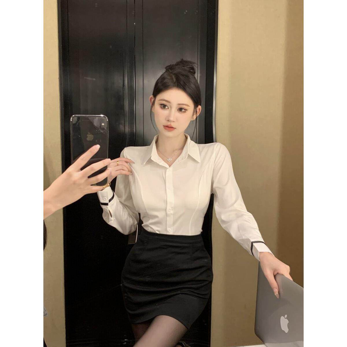 足浴技师工作服长袖制服白衬衫露臀裙套装减龄两件套公主