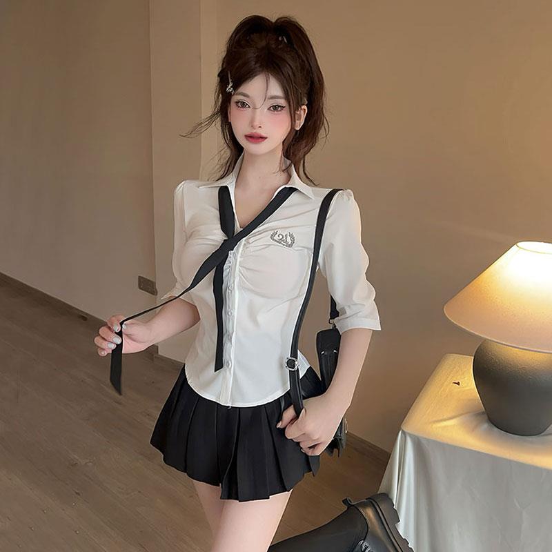 制服减龄学院褶皱辣妹修身中袖白色带领带衬衫上衣百褶裙套装