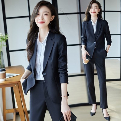 黑色西装套装女2024春秋气质女神范职业装正装工作服西服配松紧裤