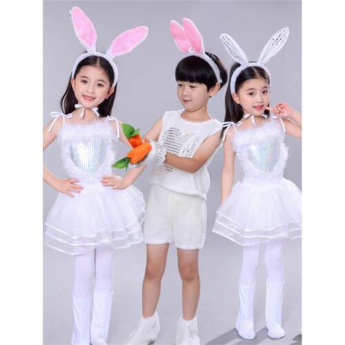 元旦儿童兔动物表演服装小白兔舞蹈服装幼儿大灰狼小白兔舞蹈面纱