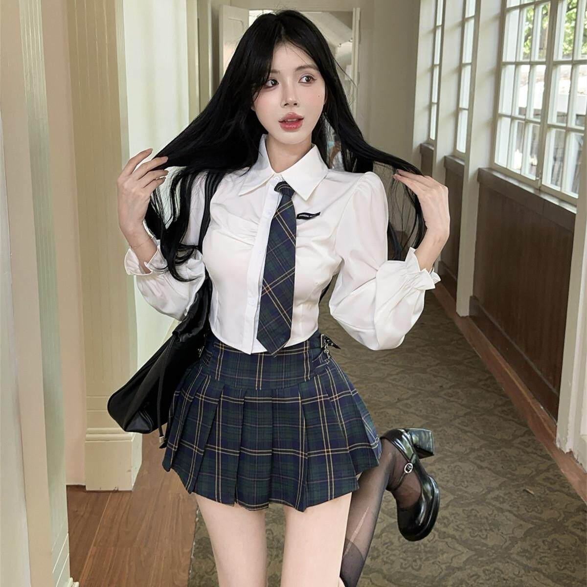 2025秋季新款学院风制服长袖衬衫女甜美领带衬衣短款工作服上衣