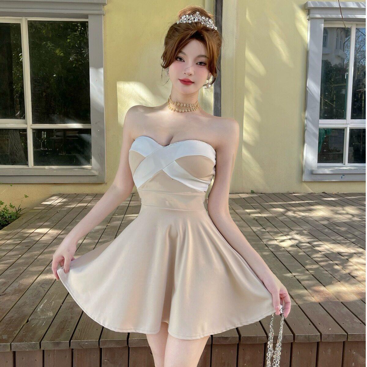 撞色抹胸裙夜场性感低胸露肩背带胸垫收腰伞摆型小礼服连衣裙女