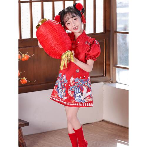 六一儿童喜庆中国风演出服幼儿女舞蹈裙梦娃灯笼元日红旗袍表演服