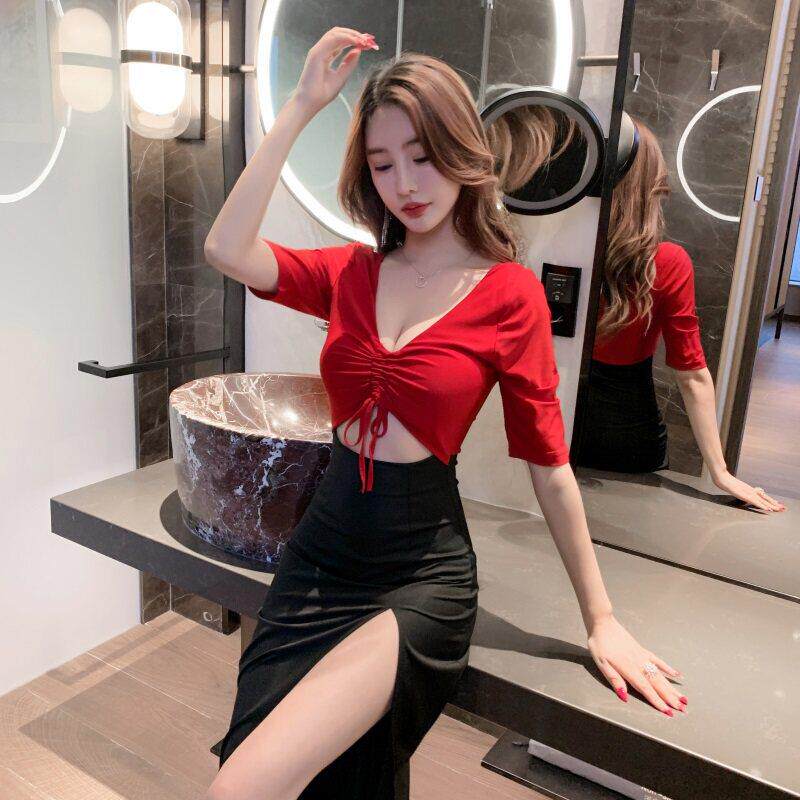 夜总会红色礼服裙高级质感沐足按摩足浴技师工作服女气质长裙