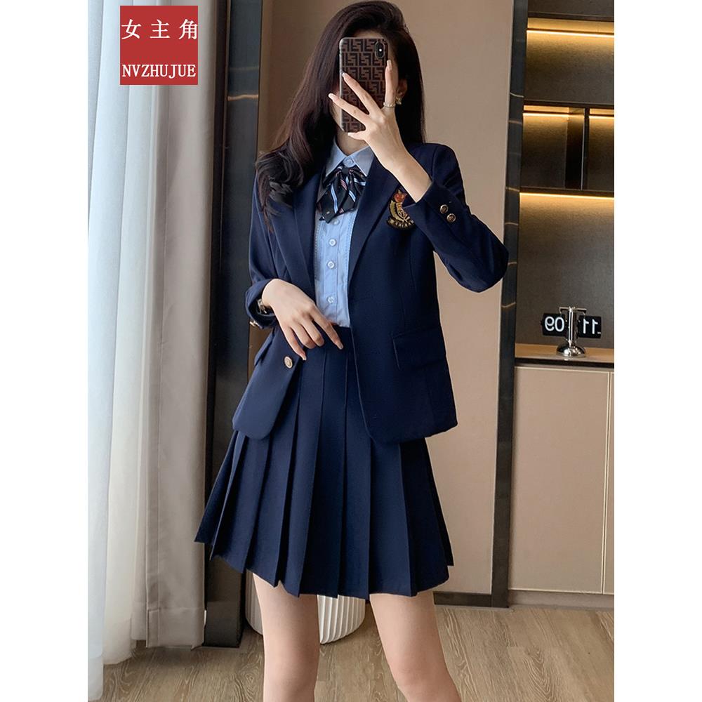 学院风制服外套女秋冬季幼儿园教师园服西装百褶裙套装工作服